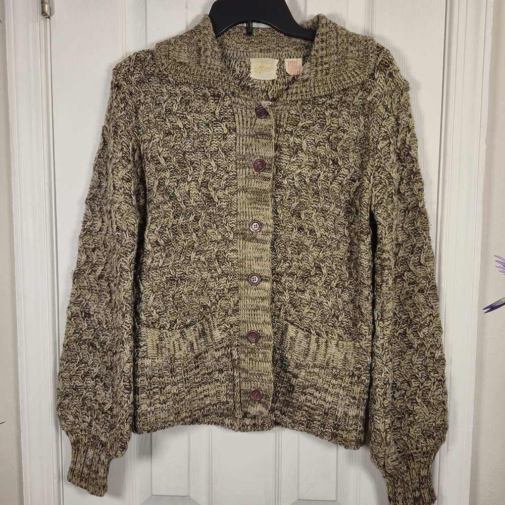 Vintage Tanni Chunky Cable Knit Cardigan Sweater S Brown Cream Grandpa Cozy Knit